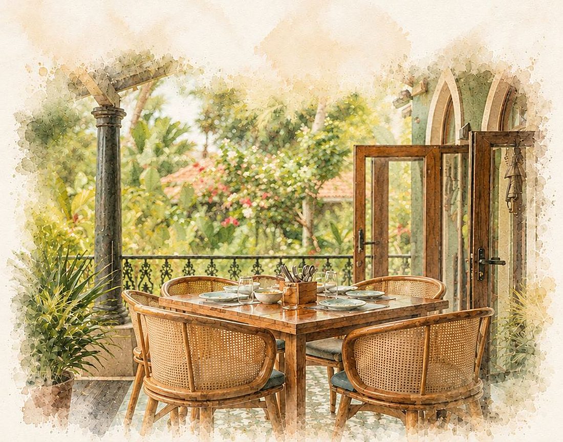 Watercolour of a table on the verandah, open to the garden